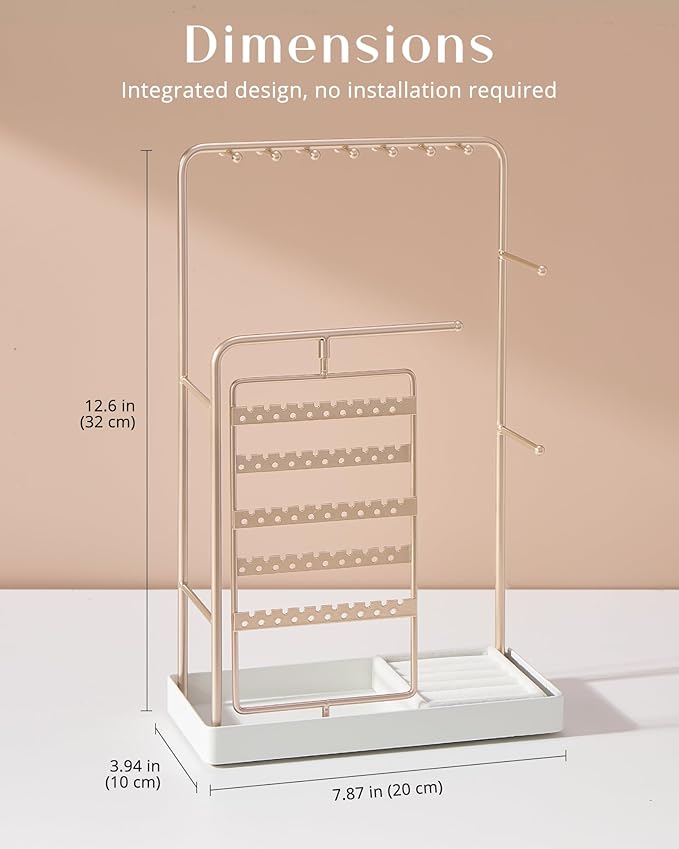ProCase Jewelry Stand Holder Organizer, Jewelry Display Storage with Ring Tray, No-Assembly, Rotating Earring Bracelet Necklace Holder, Valentine's Gifts Room Dorm Decor for Teen Girls -Champagne