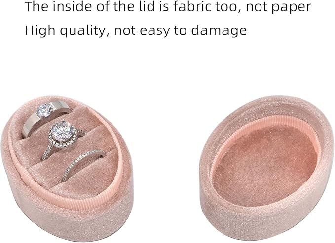 Velvet Oval Ring Box 3 Slots - Premium Wedding Three Rings Box Vintage Handmade Storage Jewelry Organizer for Proposal, Engagement, Wedding Ceremony, Christmas (Blush Peach)
