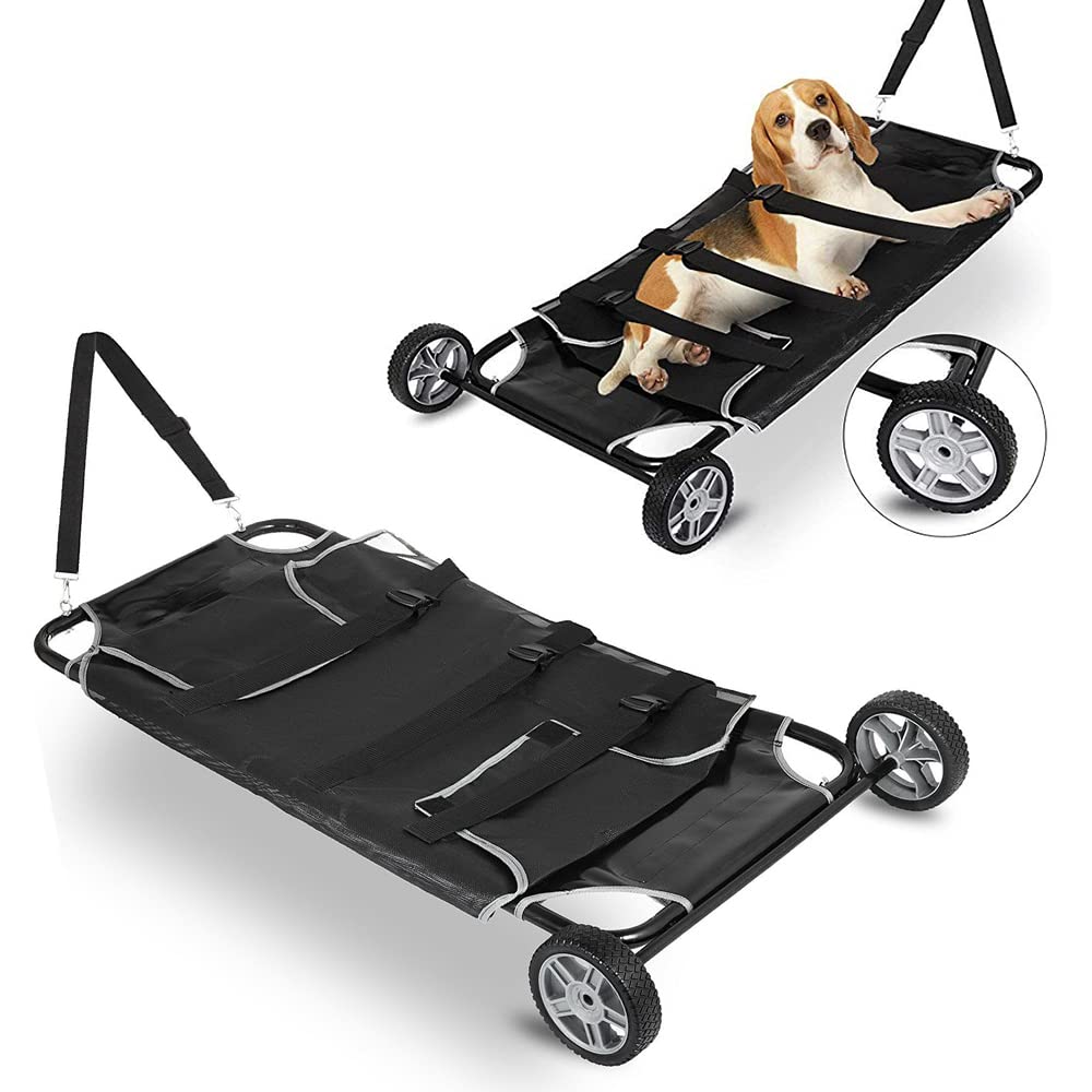 WDZCZDoo Black Animal Stretcher Pet Trolley, 45x27 Inch, Max 220lbs Capacity, Ideal for Large Dog Breeds, Veterinary Transport, Pet Emergency Care
