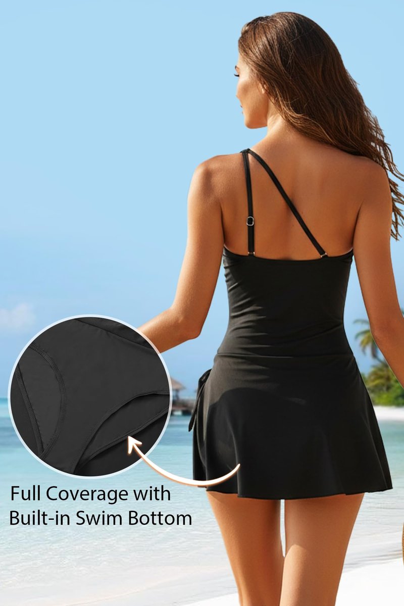 Tempt Me Women Black One Piece Swim Dress One Shoulder Swimsuit with Skirt Tummy Control Swimdress Bathing Suit XL
