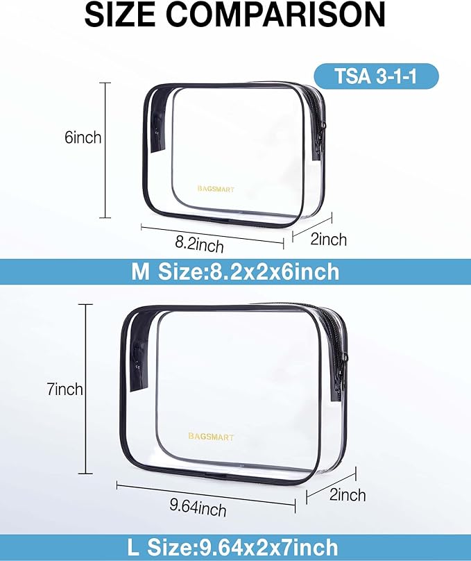 BAGSMART Clear Toiletry Bag, TSA Approved Travel Toiletry Bag Carry On Travel Accessories Bag Airport Airline Quart Size Bags water-resistant Makeup Bag for Women