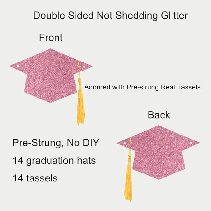 Graduation Decoration Banners 2026 Rose Gold Glitter Graduation Hats with Tassel Banners Garlands Class of 2026 Graduations Party Banners for College High School Graduations Party Decorations