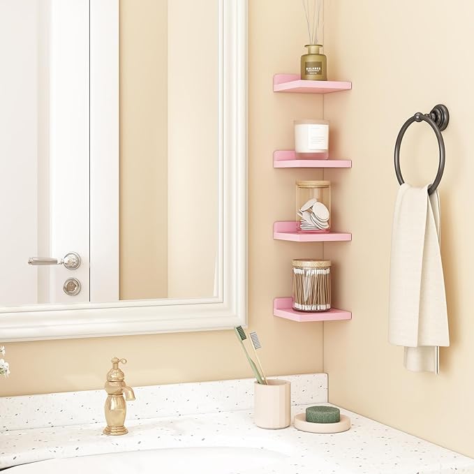Fixwal Pink Shelves, 5x5 Inches Small Wall Shelf Set of 4, Rustic Wood Floating Wall Mounted Shelves for Bedroom, Living Room, Kitchen, Bathroom Decor (Pink)