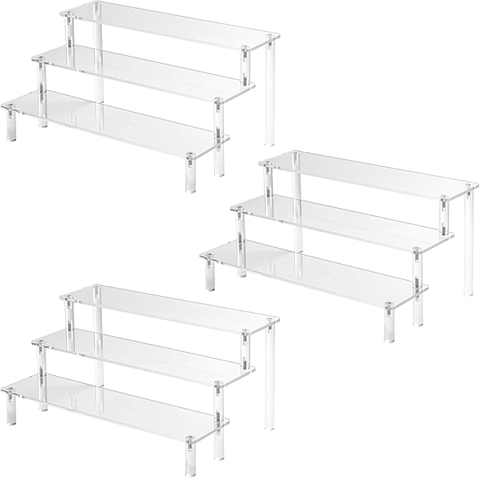 Hoewina 3PCS Acrylic Risers Display Stands, 3 Tier Perfume Organizer Display Shelf & Versatile Cupcake Stand Holder, Display Risers for Figures, Dessert Shelves for Party for Decoration and Organizer