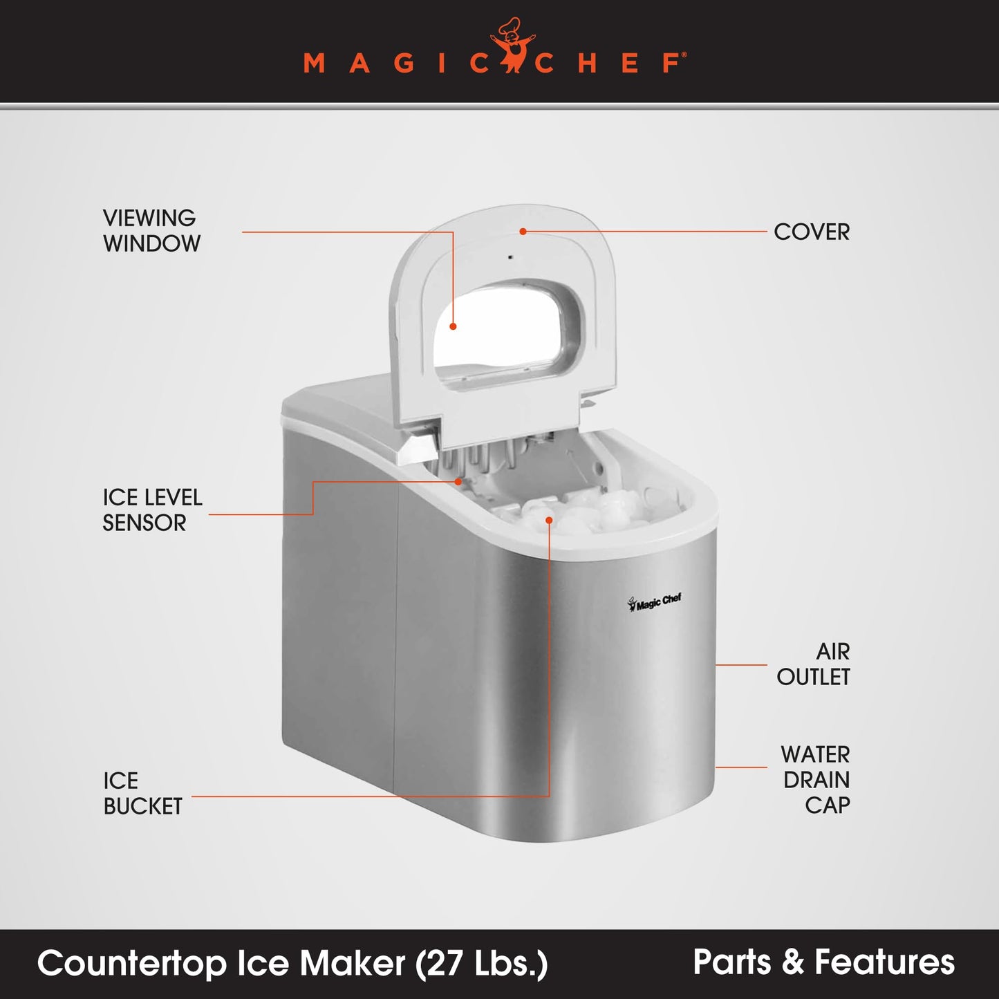 Magic Chef 27-Lb. Portable Ice Maker in Silver, Tabletop Ice Maker for Kitchen, Apartment, Dorm, and Basement with Viewing Window, 2 Ice Cube Sizes, and Ice & Water Level Indicator Lights