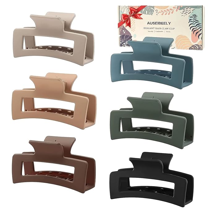 Auseibeely 6 Pack Square Claw for Women Girls, 3.5" Medium Non-slip Rectangular Matte Clips Strong Hold Jumbo Hair Styling Accessories, Ideal for Gifts, Cool