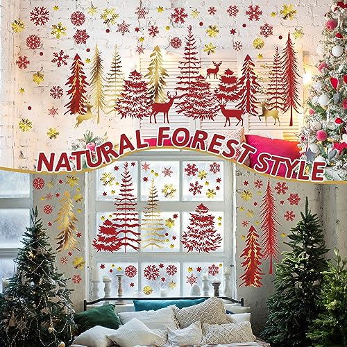 Teling 8 Pieces Winter Snowflake Wall Decals Stickers Dreamy Nursery Forest Woodland Trees Deer Pine Tree Wall Decals for Kids Room Winter Decor(Red, Gold)