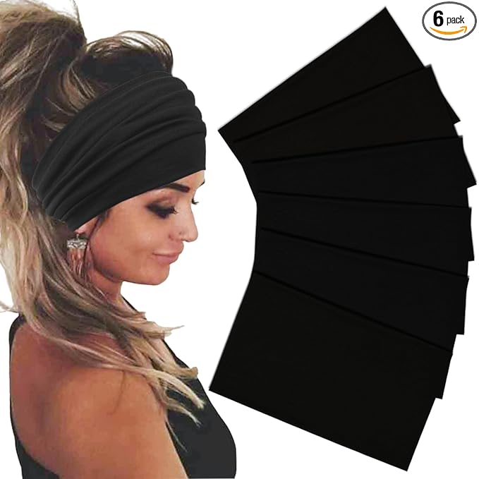 Sefiinh Wide Headbands For Women Stretch Headband Boho Head Bands Women's Hair Band Turban Workout Hairband Accessories Black 6 Pack