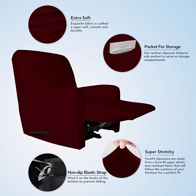 PureFit Super Stretch Chair Sofa Slipcover with Pocket – Spandex Non Slip Soft Couch Sofa Cover, Washable Furniture Protector with Elastic Bottom for Kids, Pets （Recliner, Wine）