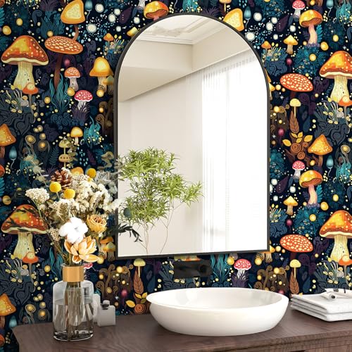 FunStick Gold Dark Blue Mushroom Wallpaper Peel and Stick Boho Woodland Botanical Wall Paper for Bedroom Bathroom Kids Room Wall Mural Colorful Orange Self Adhesive Mushroom Contact Paper for Cabinets