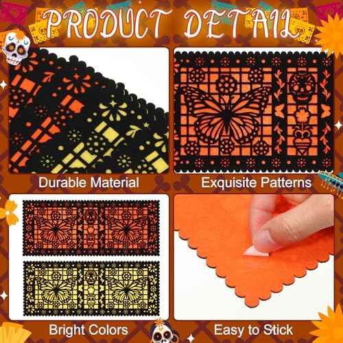 Epakh 12 Pcs Felt Picado Panels, Mexican Dia De Los Muertos Ofrenda Wall Decoration, Monarch Butterfly Sugar Skull Mexican Dia De Los Muertos Altar Backdrop Decorations for Diwali Altar Grave