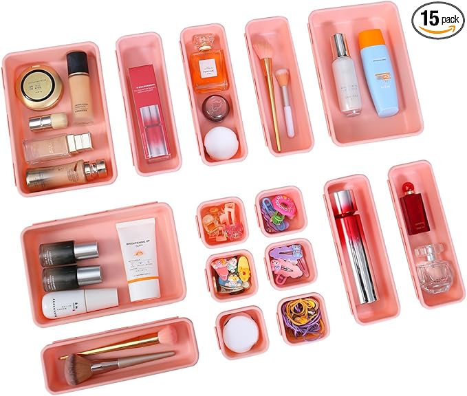 Kutesna 15 PCS Interlocking Desk Drawer Organizer Separator for Office,Bathroom,Kitchen,MakeupÃ¯Â¼ÂPinkÃ¯Â¼Â