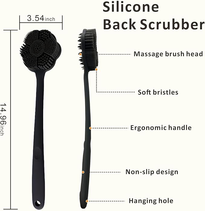 Back Scrubber & Face Scrubber Brush for Shower - 15 Inch Long Handle Double Sided Silicone Body Brush for Exfoliation & Massage, Soft Facial Cleansing Brush, Rich Lathering for Deep Cleansing (Black)