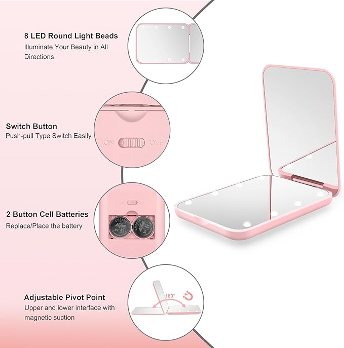 Compact Mirror, 1X/3X Magnification LED Pocket Mirror with Nternal BIattery, Mini Mirror for Purse, Pocket,Travel and Present (Pink)