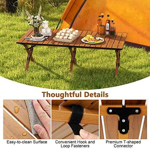 COSTWAY Folding Picnic Table, Roll-Up Aluminum Camping Table with Wood Grain, Portable Low Height Beach Table with Carry Bag for Camping, Picnic, BBQ & Hiking, Easy Assembly, Natural (47¡± x 23¡± x 18¡±)