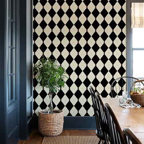 Simon&Siff Retro Checkered Peel and Stick Wallpaper Black and White Wallpaper Vintage Plaid British Geometric Wall Paper for Bathroom Kitchen Cabinet Contact Paper 17.3"x78"