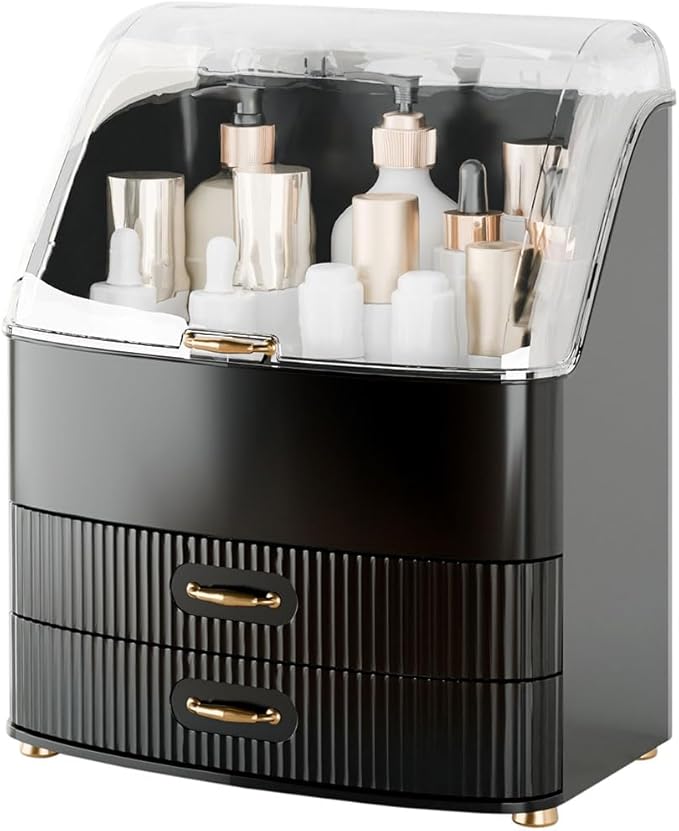 Makeup Organizer Countertop Vanity with Transparent Lid Drawers Waterproof Dustproof Cosmetic Skincare Bathroom Storage Gift for Women Teens Girls (Black)