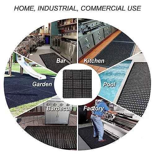 Anti-Fatigue Rubber Floor Mat - NANBOWANG Commercial Grade Interlocking Non-Slip Recycle Tyre Floor Mats for Restaurant Kitchen Bar Garden Outdoor Wet Area(36"x 36")