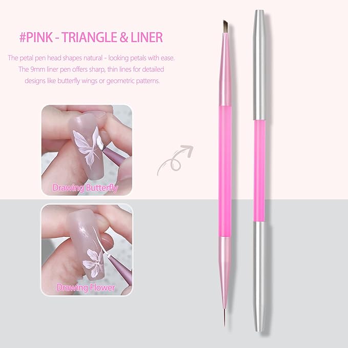 2Pcs Nail Art Brushes Set for Flower Petal Butterfly Drawing, 3D Gel Acrylic Nail Brush, Fine Liner Nails Design Tool, Professional Watercolor Painting Pen for Manicure DIY Salon