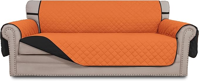 Easy-Going 4 Seater Sofa Slipcover Reversible Sofa Cover Water Resistant Couch Cover with Foam Sticks Elastic Straps Furniture Protector for Pets Children Dog Cat (XX-Large, Orange/Black)