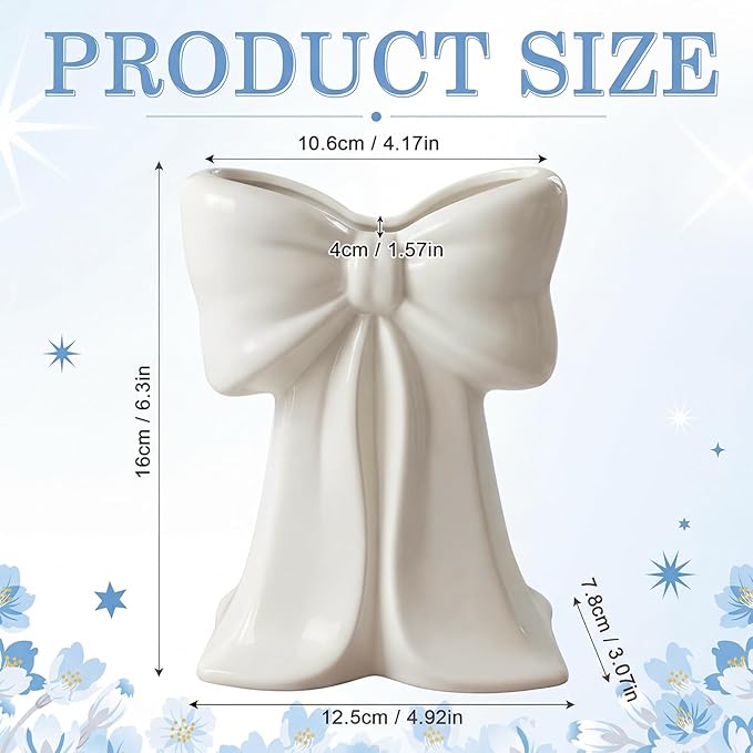 Jingmore White Bow Vase Coquette Ceramic Vase Pen Holder Makeup Brush Holder Contemporary Design Decorative Women Gift Home Office Shelf Table Room (Medium, Elegant)
