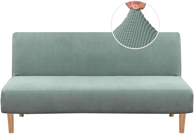 H.VERSAILTEX Armless Futon Cover Stretch Sofa Bed Slipcover Protector Elastic Feature Rich Textured High Spandex Small Checks Jacquard Fabric Futon Cover, Machine Washable, Sage
