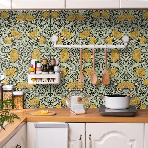 Yellow Boho Floral Wallpaper Peel and Stick Flowers Contact Paper 17.5"¡¿118" - Mid Century Style William Morris Self Adhesive Vinyl Removable Wall Paper for Kitchen Bedroom Renter Friendly Home Decor