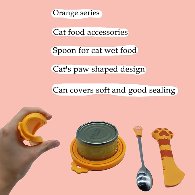 SJANE Cat Food Can Spoons & Can Lids | 4 Pcs | Multi-function Opener | Silicone Pet Food Covers | Stainless Steel Wet Food Spoon for Cats and Dogs(Orange)