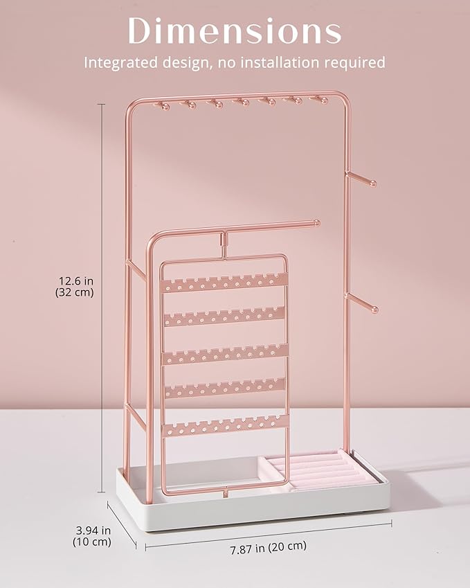 ProCase Jewelry Stand Holder Organizer, Jewelry Display Storage with Ring Tray, No-Assembly, Rotating Earring Bracelet Necklace Holder, Valentine's Gifts Room Dorm Decor for Teen Girls -Rosegold