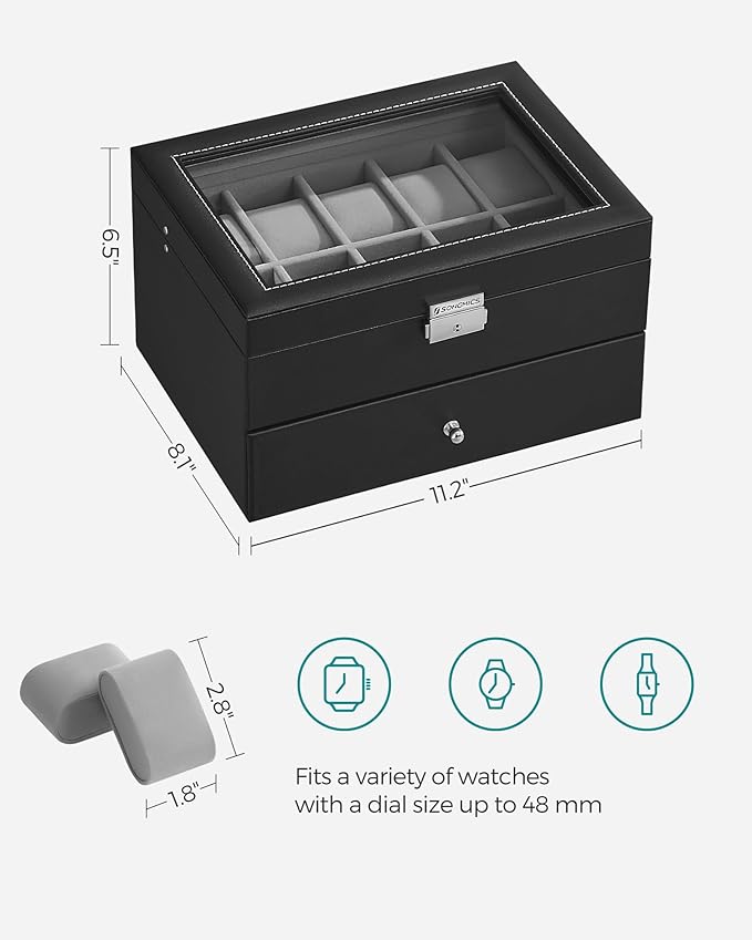 SONGMICS Watch Box, 20-Slot Watch Case Organizer with Large Glass Lid, Removable Pillows, Metal Lock, Gift for Loved Ones, Black Synthetic Leather, Gray Lining UJWB006V1