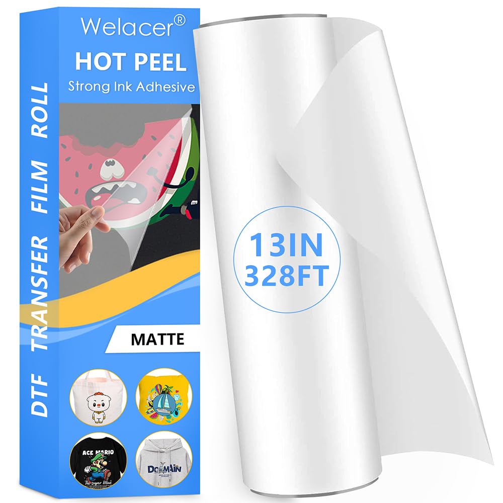 Welacer DTF Transfer Film Roll 13 Inch x 328 FT for Double-Side Matte Clear Pretreat Sheets, PET Heat Transfer Paper for Inkjet Printer Direct Print on T Shirts Textile