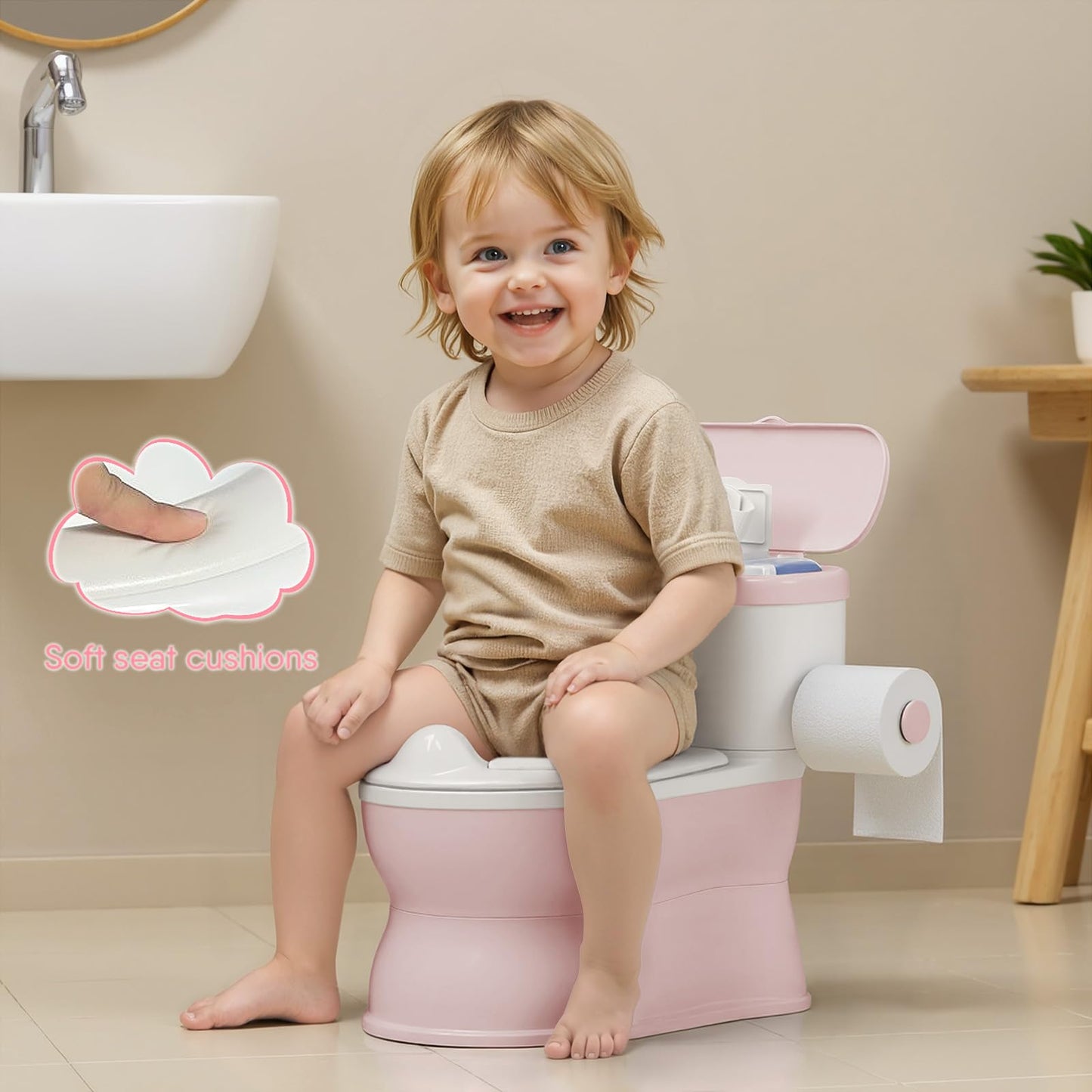 CheerTry 2-in-1 Toddler Potty Training Toilet - with Detachable Training Seat, Realistic Flushing Sound for Boys & Girls Ages 1-3 with Wipes Storage, Toilet Paper Holder