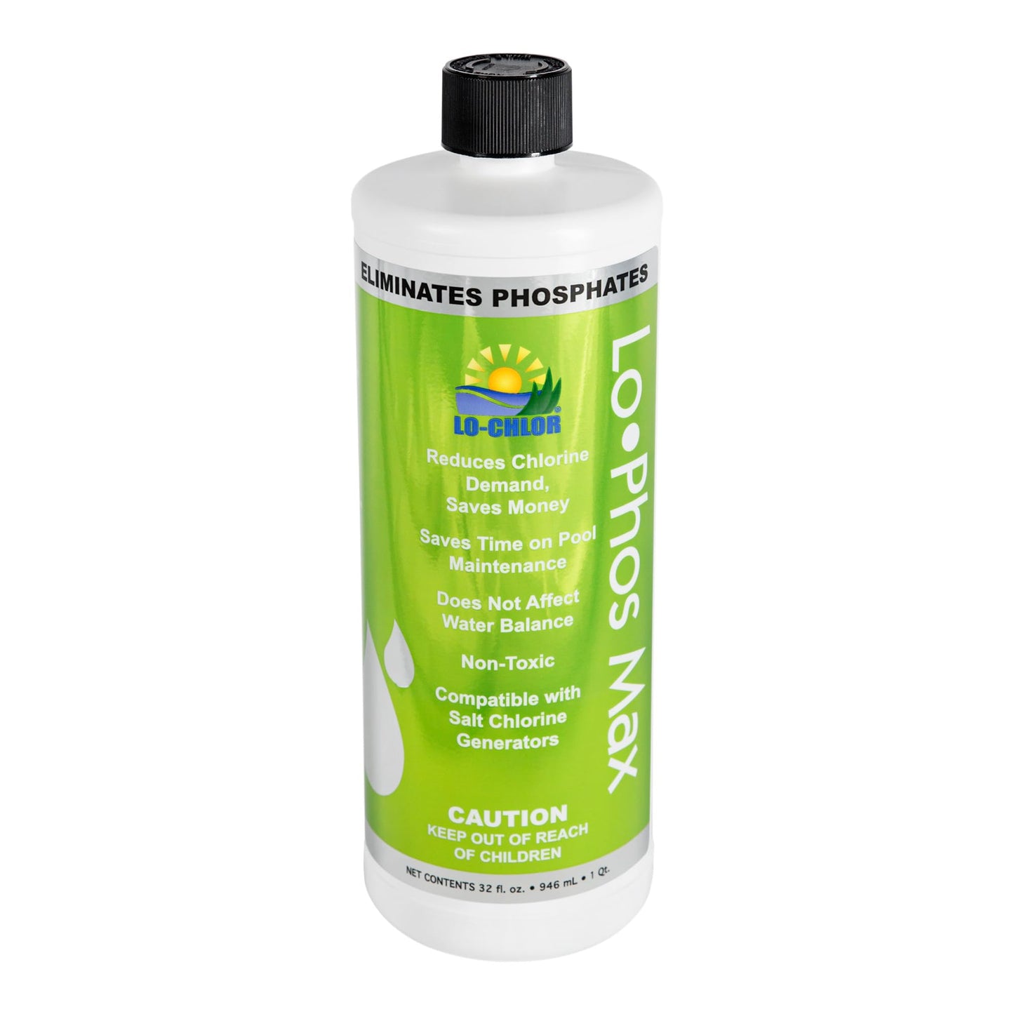 Lo-Chlor Lo-Phos Max Pool Phosphate Remover, Reduces Chlorine Demand, Starves Algae, Compatible with Other Chemicals and Surfaces, for Inground and Above Ground Swimming Pools, 32 oz