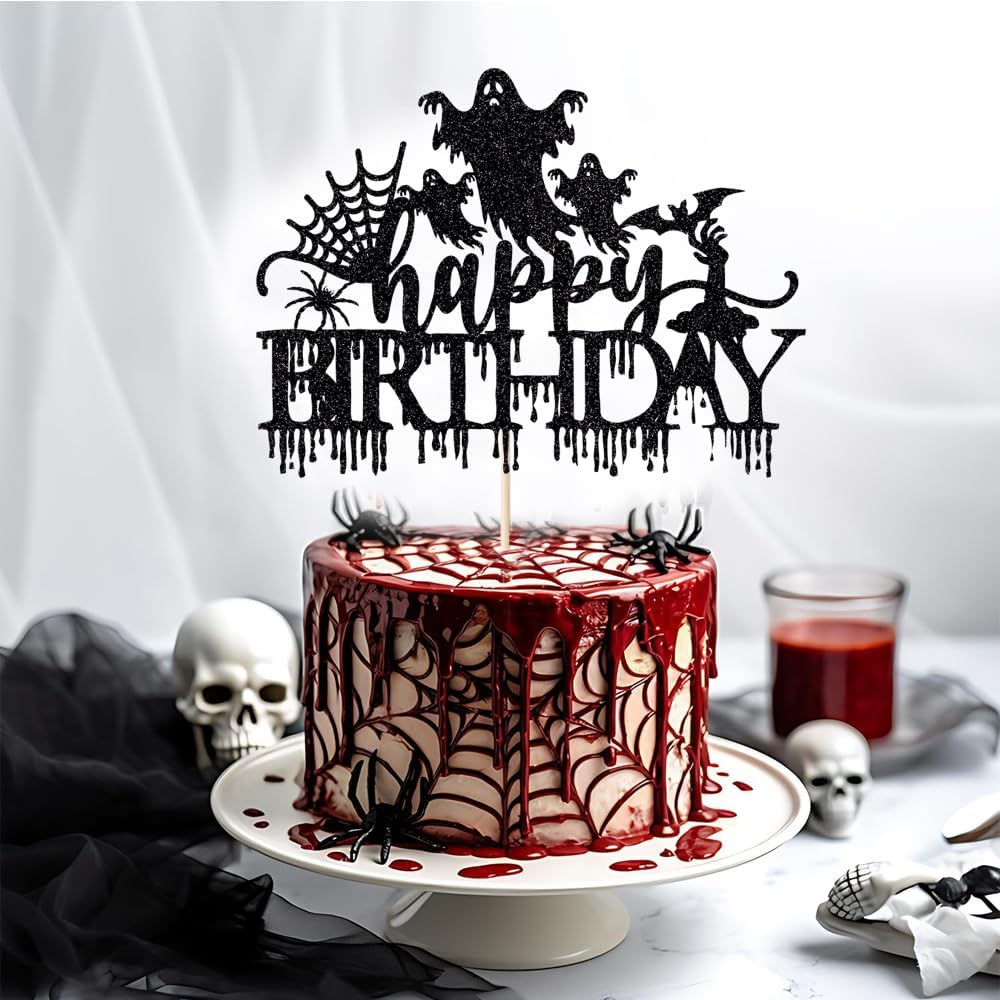 Halloween Happy Birthday Cake Topper,Spooky Haunted House Black Glitter Cake Supplies,Spider Bat Creepy Scary Halloween Themed Birthday Party Decorations for Kids/Adult