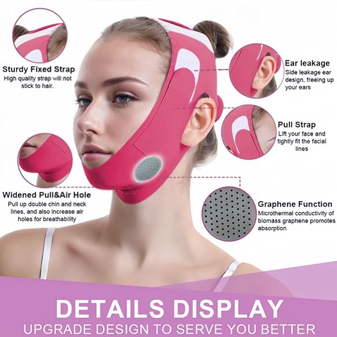 ROWMATE Graphene V-Line Mask Chin Up Mask V Shaped Face Mask Chin Strap for Sleeping,Jawline Shaper,Red,Small