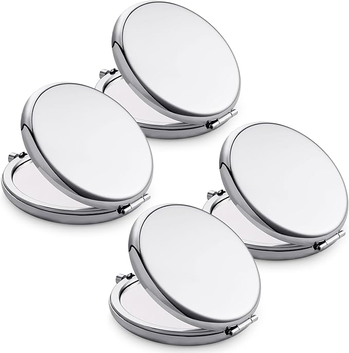 Compact Mirror for Purse, Metal Round Shell, Double-Sided 1X/2X Magnifying, Portable Travel Makeup Mirror, Mini Pocket Mirror, Sliver, 4 Packs