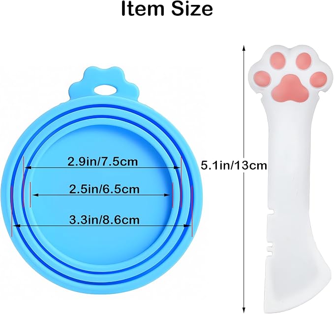 Cat Food Can Covers Lids & White Spoon, Pink/Orange/Sky Blue Lids, Can Covers for Dog/Cat Food Cans, Fit 3 Standard Size Pet Food Cans, Spoon with Opener Paw & Mini Spatula