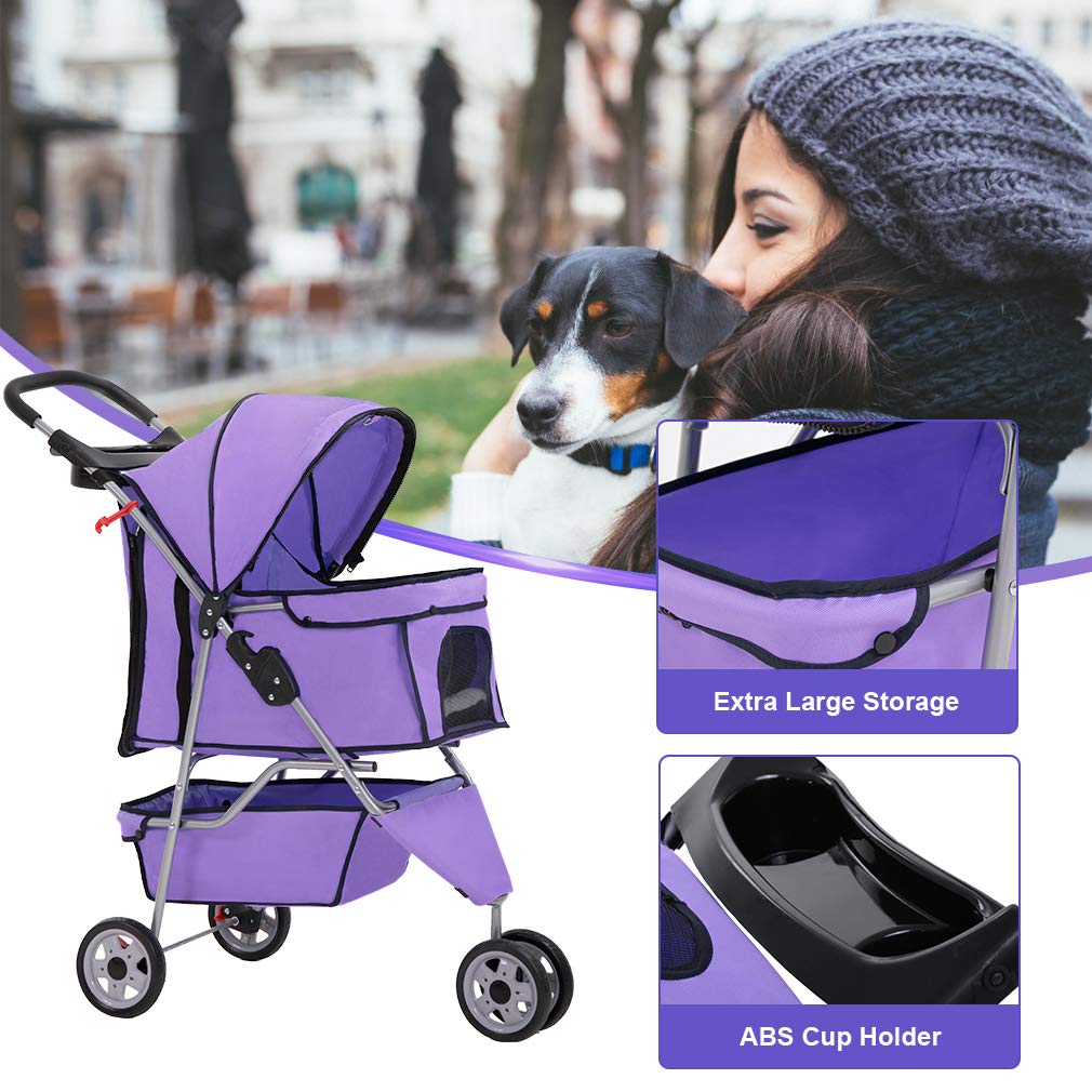 BestPet 3 Wheels Pet Stroller Dog Cat Cage Jogger Stroller for Medium Small Dogs Cats Folding Travel Carrier with Cup Holder, Waterproof Design & Removable Liner, Purple