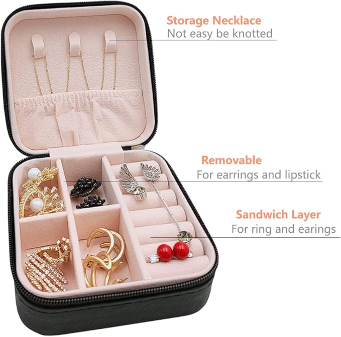 Mini Jewelry Travel Case, Small Portable Jewellry Organizer Box Portable Display Storage Box for Rings Earrings Necklaces, Gifts for Girl, Women, Wedding, Birthday, Mom, Mother's Day (Black)