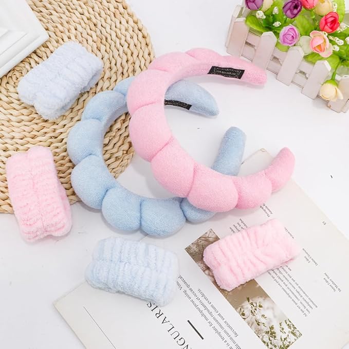 SPA Headbands for Washing Face Makeup Headbands with Bow Hair Band Women Facial Head Band Wrist Towel Wraps For Shower Face Mask Blue Pink, 6 Pack