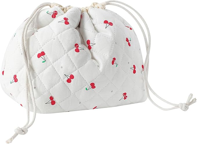 uekeboag Cotton Quilted Drawstring Makeup Bag with Canvas Lining,Coquette Aesthetic Cute Travel Toiletry Bag,Drawstring Gift Bag for Women and Girls(01Cherry)