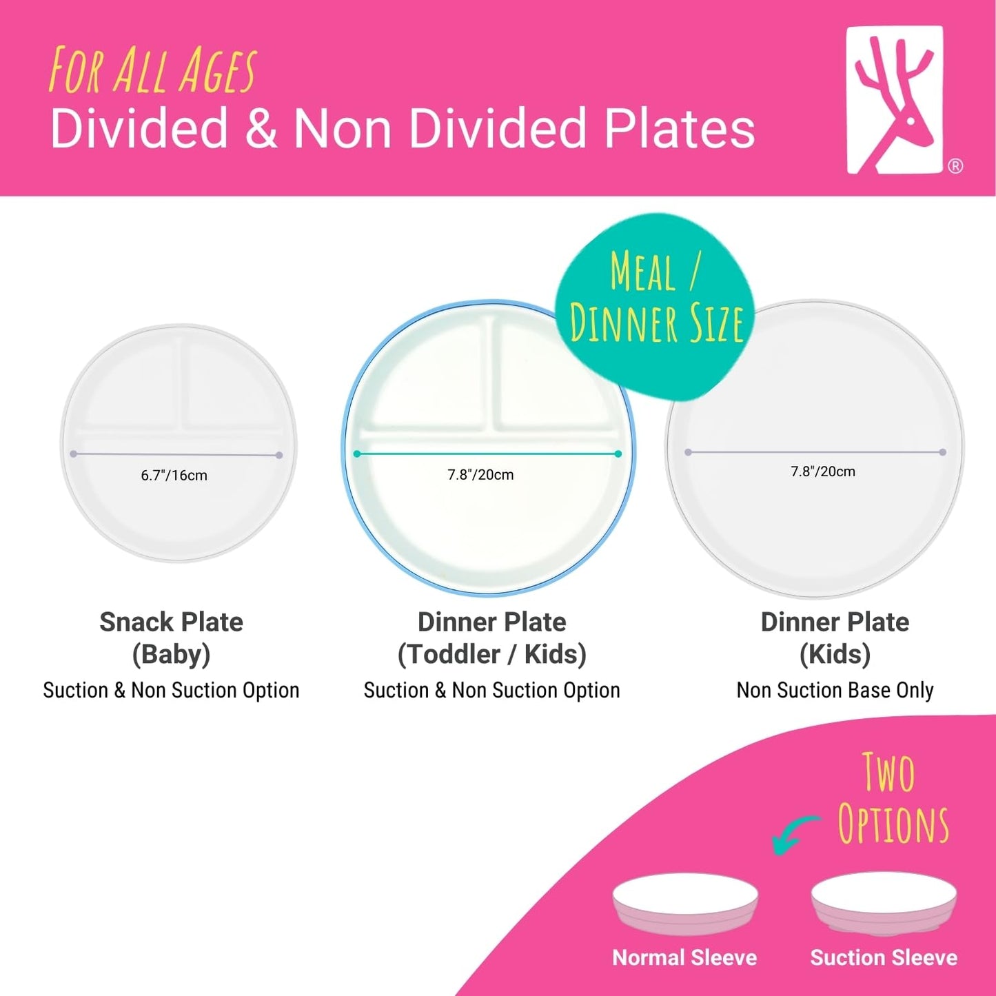 Elk and Friends Kids 7.8” Porcelain White Plates with Silicone Sleeves | Divided Plates | Suitable for Kids/Toddlers | Microwave & Dishwasher Safe | Non Slip | Snack Dishes…