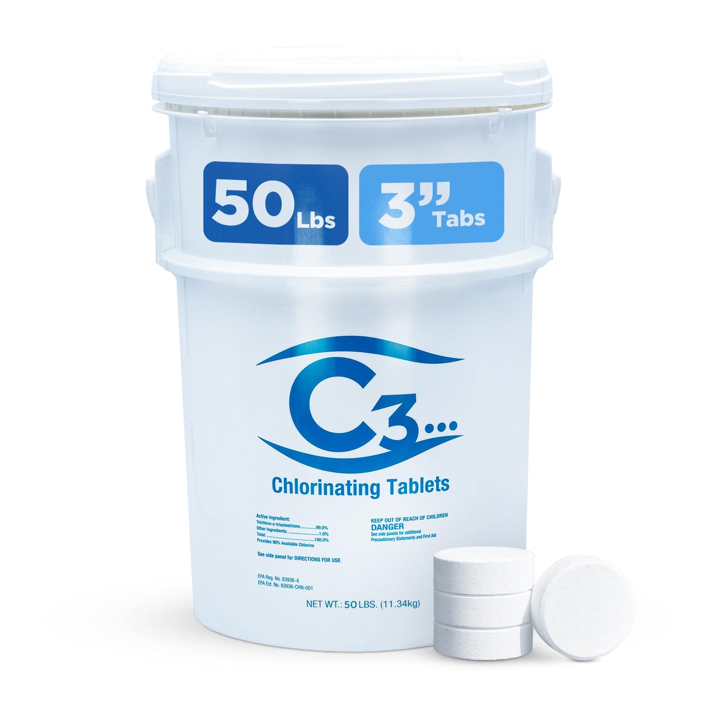 C3… 50 lbs. 3" Stabilized Chlorine Tabs for Swimming Pools | Easy to Use for Above Ground or Inground Pool | Slow Dissolving Individual Chlorinating Tablets | 50 Pound Bucket