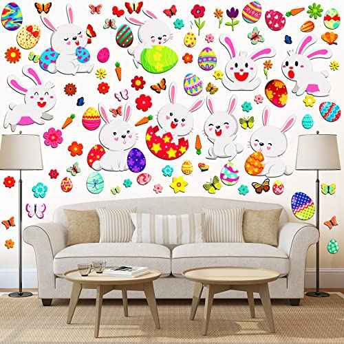 Capoda 103 Pieces 6 Sheets Easter Eggs Bunnies Wall Decal Easter Egg Hunt Games Decals Adorable Bunny Sticker Rabbit Egg Clings for Wall Living Room Bedroom Home Decorations