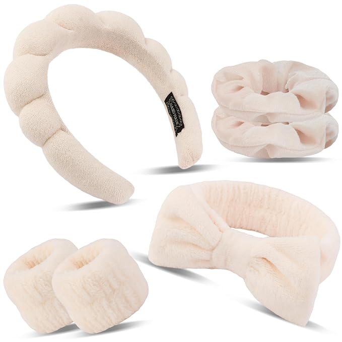 SuPoo 6pcs Khaki Spa Headband Set - Sponge Face and Makeup Headbands, Wristbands, Terry Cloth Hair Ties - Cute Puffy Skincare Gifts for Teens