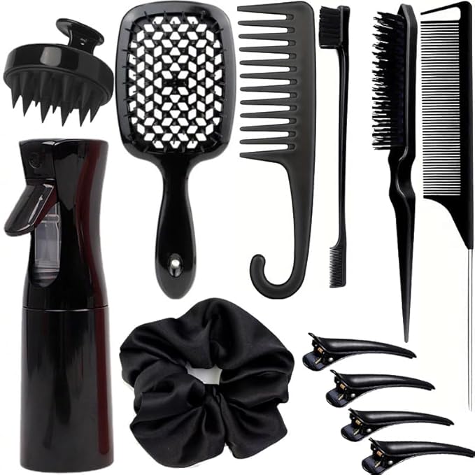 12 Pcs Hair Styling Brush Set with Detangler, Teasing, Rat Tail, Edge Brushes and Baby Hair Brushes - Soft Bristles for Baby Girls and Women (Black)