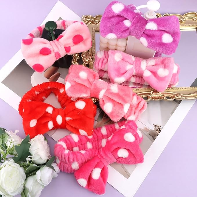 AOPRIE SPA Headbands for Washing Face Makeup Headbands with Bow Laurel Hair Band Women Facial Head Band Wrist Towel Wraps For Shower Face Mask Red Pink White Purple, 6 Pack