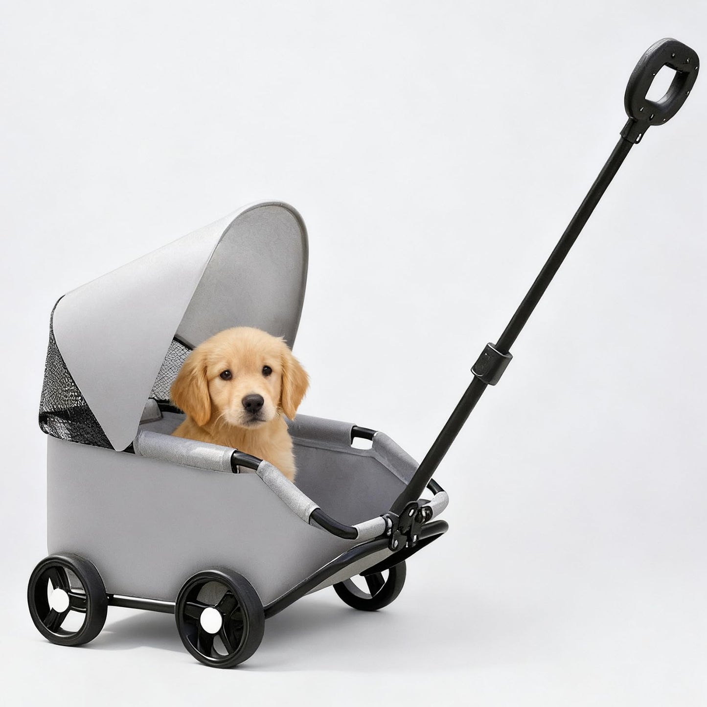 Luxury Pet Stroller, Gray, Foldable Design with Adjustable Canopy,Small Dog Wagon, for Small Dogs and Cats, with Extended Handle