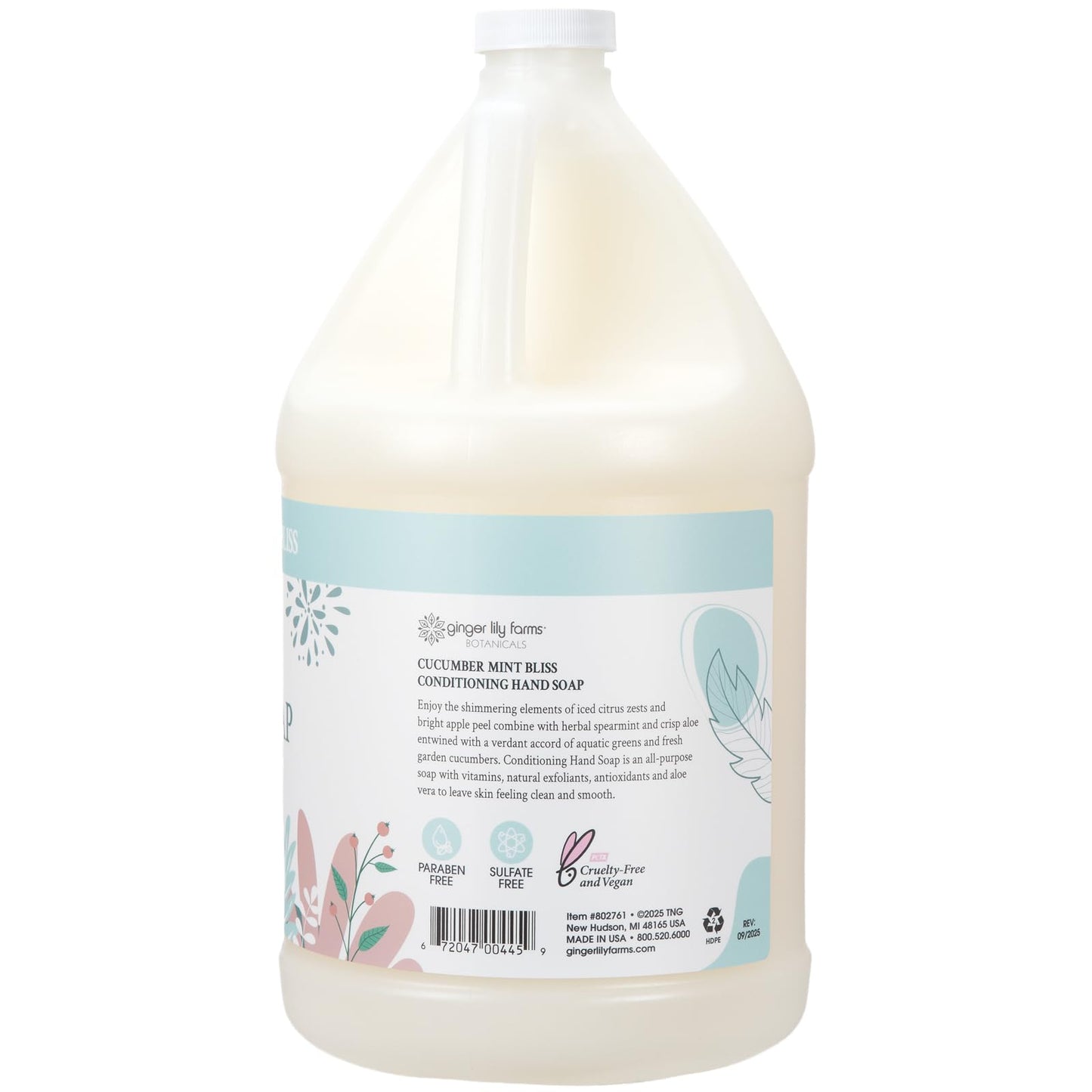 Ginger Lily Farms Botanicals Conditioning Liquid Hand Soap Refill, 100% Vegan & Cruelty-Free, Cucumber Mint Bliss Scent, 1 Gallon (128 fl oz)