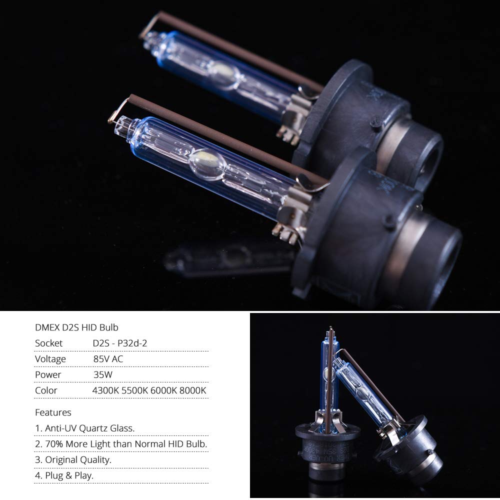 DMEX D2S HID Headlight Bulbs Xenon 35W Replacement 85122 66240 66040 66240CBI - Pack of 2, 6000K Cool White (Not fit Halogen Headlight)